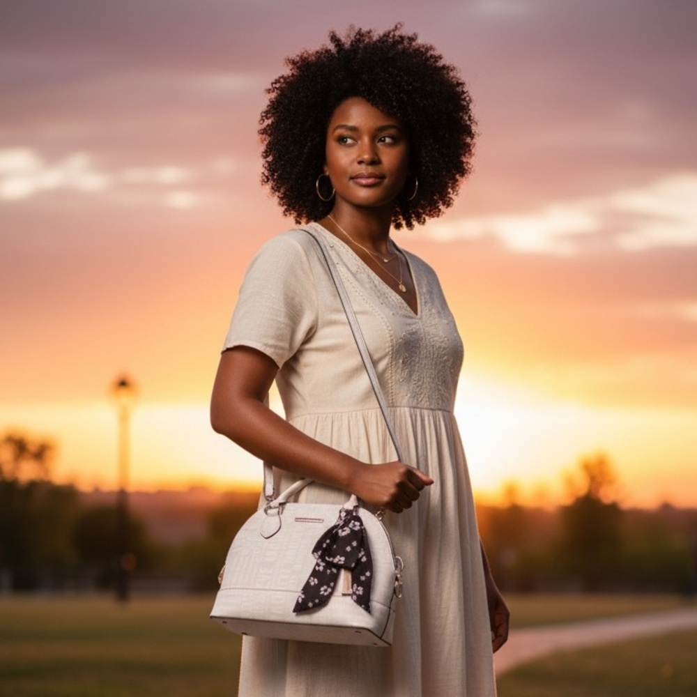 Steve Madden White and Black Dome Satchel with Black Scarf